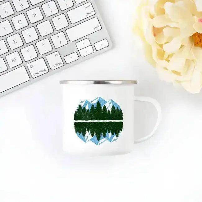 Enamel Camping Mug with Mountain and Forest Design - Estalios