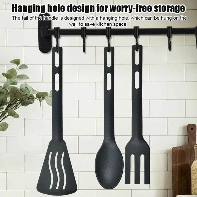Black kitchen utensil set.
