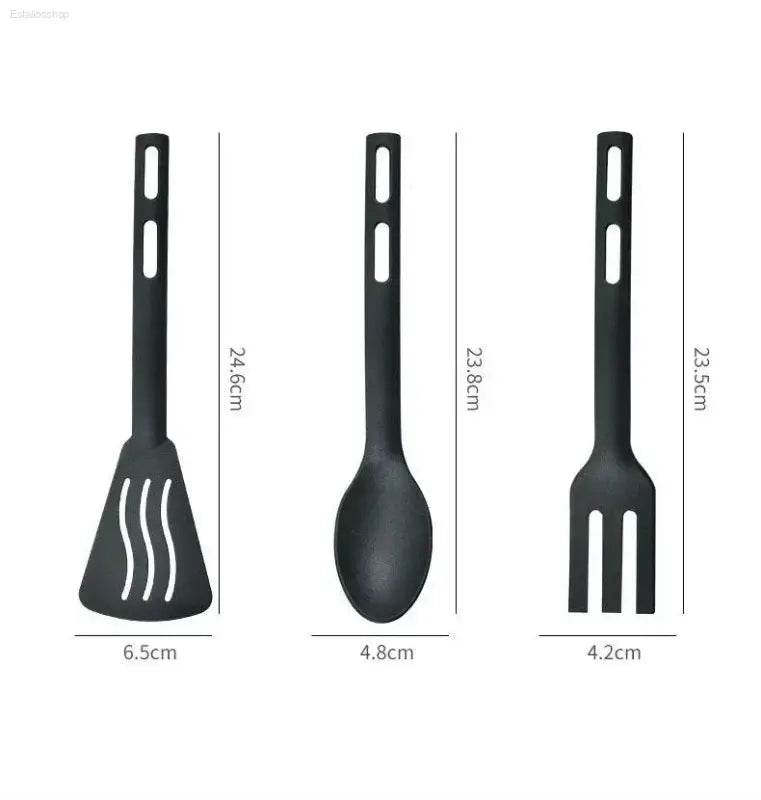 Black kitchen utensil set with dimensions.