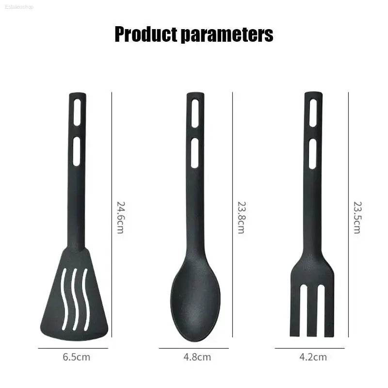 Black kitchen utensil set.