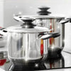 Shiny stainless steel cookware.