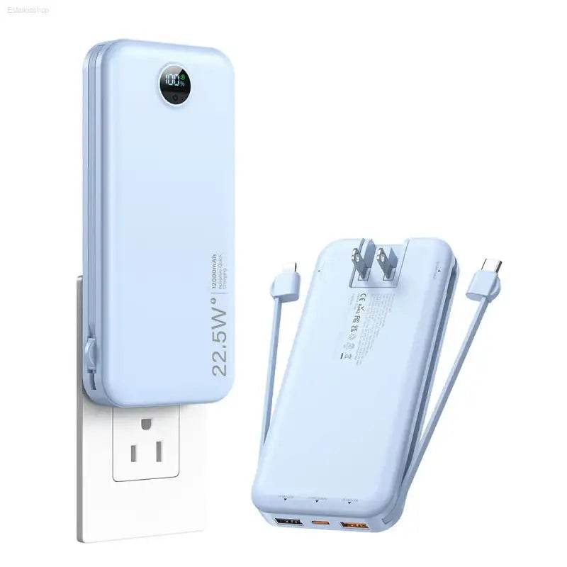 12000mAh Portable AC Wall Plug Power Bank - Dual Built-In Cables & Digital Display for Smartphones - Ultimate Charging Solution! - Estalios