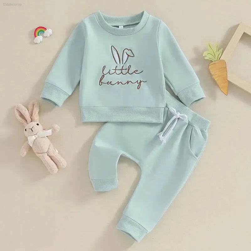 2023-11-07 Lioraitiin 0-3Y Toddler Girls Easter Outfit Letter Bunny Embroidery Long Sleeve Sweatshirt and Elastic Waist Pant Set - Estalios