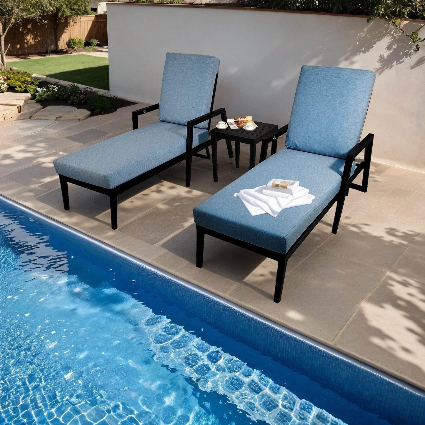 Sun Lounger Bliss: Your Blue Oasis Awaits! Relax in style with our adjustable outdoor chaise lounge, designed for ultimate comfort and relaxation. Sink into - Estalios