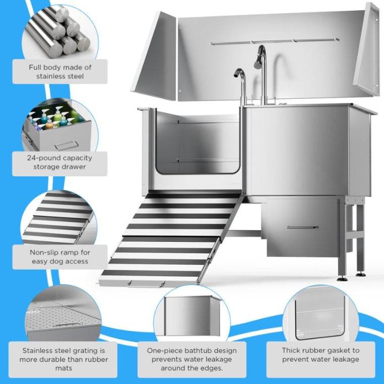 Stainless Steel Dog Bath Table with Ramp and Accessories - Estalios