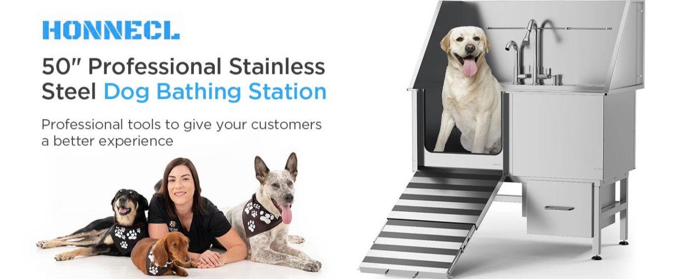 Stainless Steel Dog Bath Table with Ramp and Accessories - Estalios