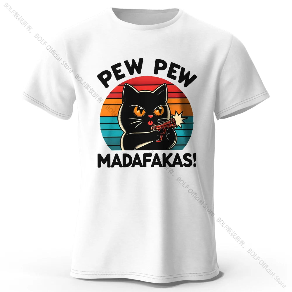 Cute Cat Doodle Print Cotton T-Shirt for All Seasons