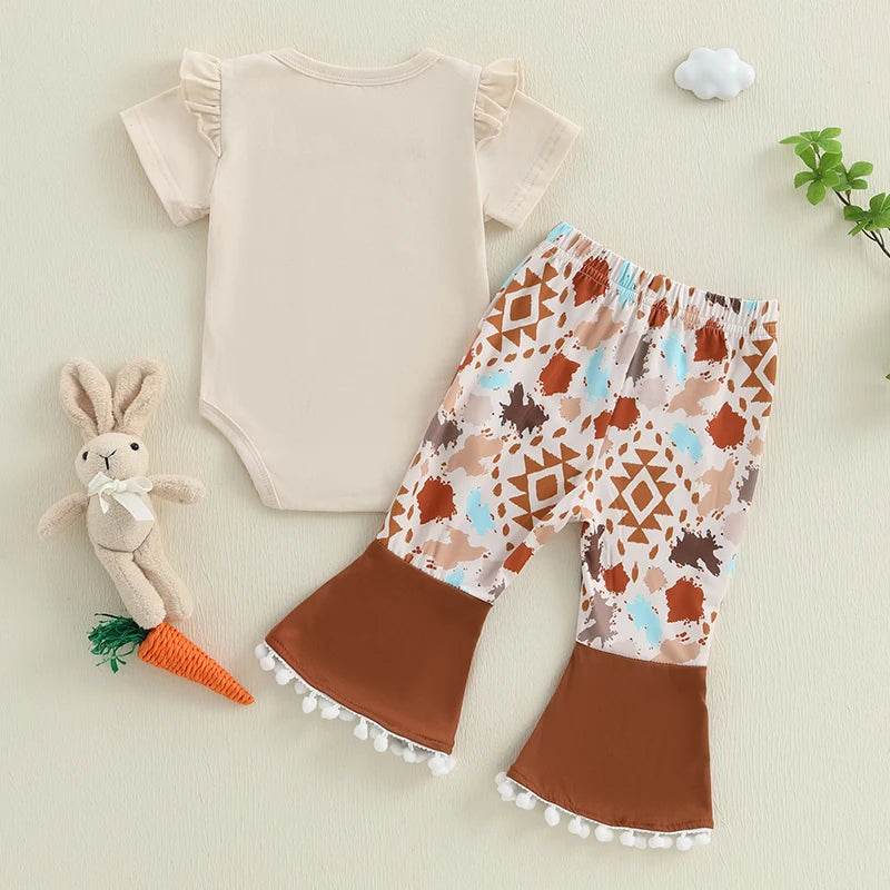Toddler Easter Outfits Adorable Bunny Print Short Sleeve Romper Floral Pattern Flare Pants 2 Piece Set for Baby Girl - Estalios
