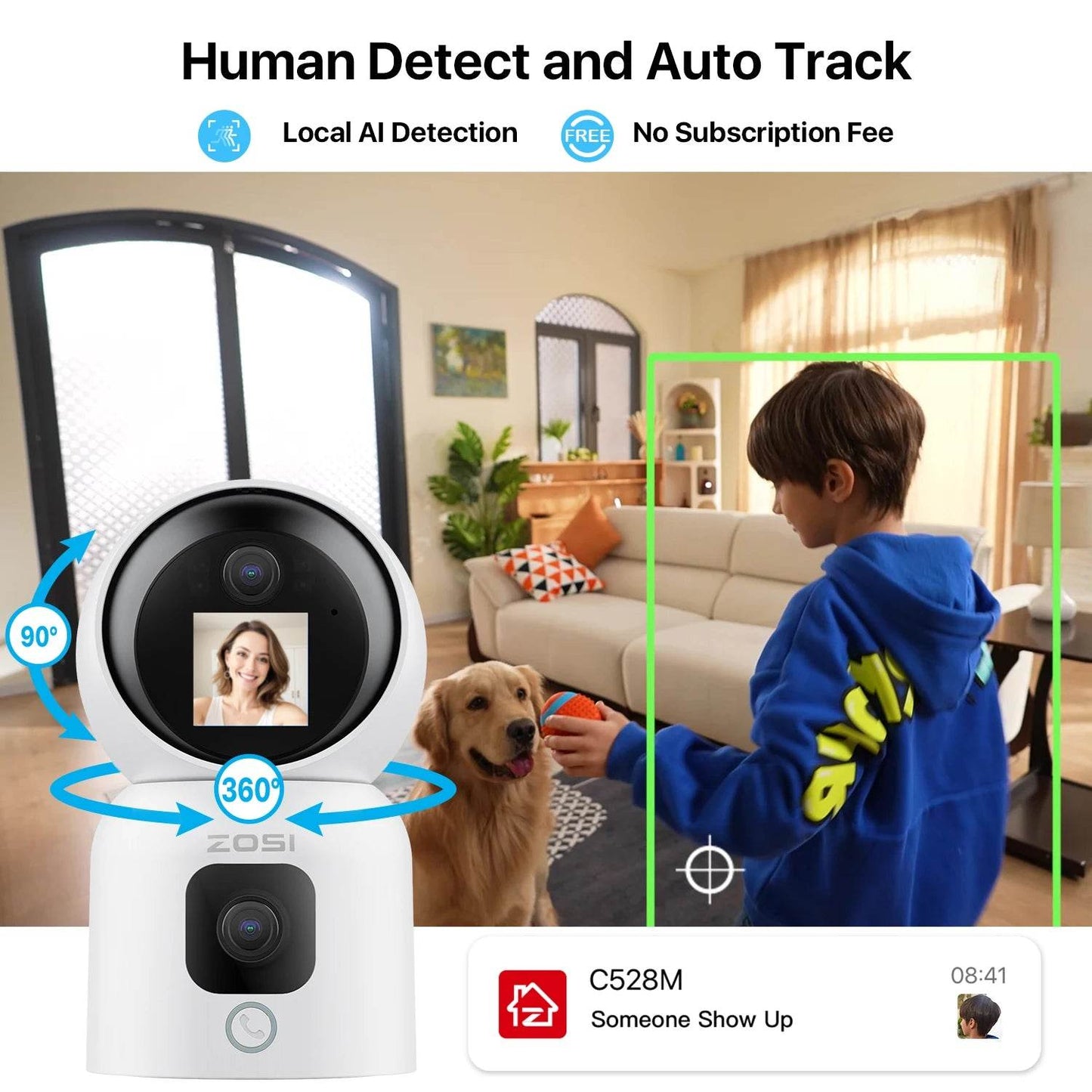 ZOSI Smart Baby Cams WiFi PTZ Auto Tracking AI 360° Panoramic Indoor Video Surveillance - Estalios