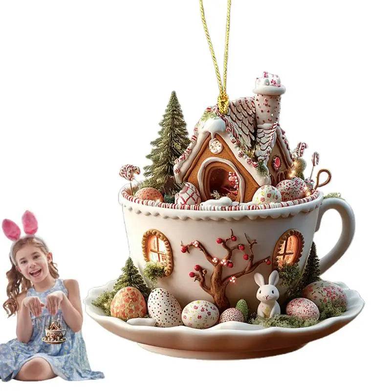 Easter Coffee Cup Ornaments Cartoon Bunny Egg House Coffee Mug Decorative 2D Acrylic Ornaments 2025 Spring Party Supplies - Estalios