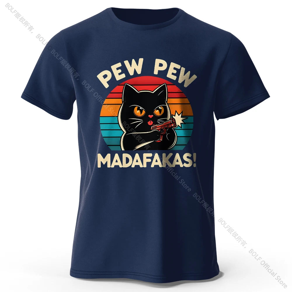 Cute Cat Doodle Print Cotton T-Shirt for All Seasons