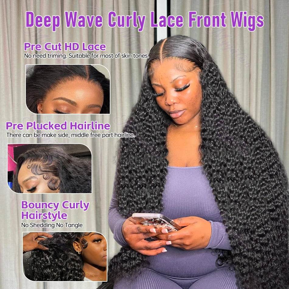 250 Density 13x6 13x7 HD Transparent Lace Frontal Wig 30 40 Inch Deep Wave 6x6 Closure Glueless Wig Human Hair 13x4 Curly Wigs - Estalios
