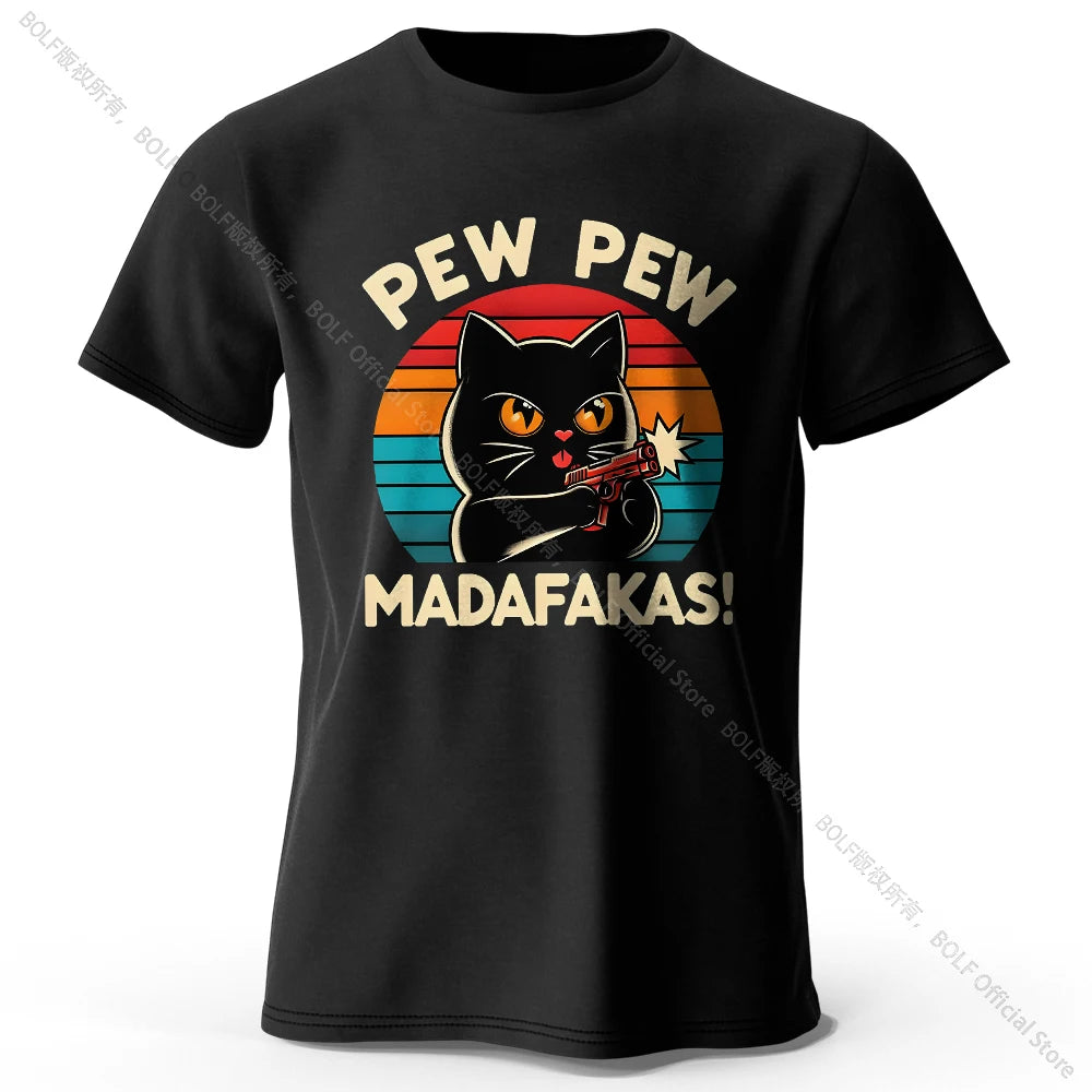 Cute Cat Doodle Print Cotton T-Shirt for All Seasons