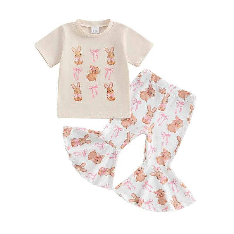 Girls Easter Outfit Short Sleeve O Neck Bow Bunny Print Top and Flared Pants Set with Matching Headband - Estalios