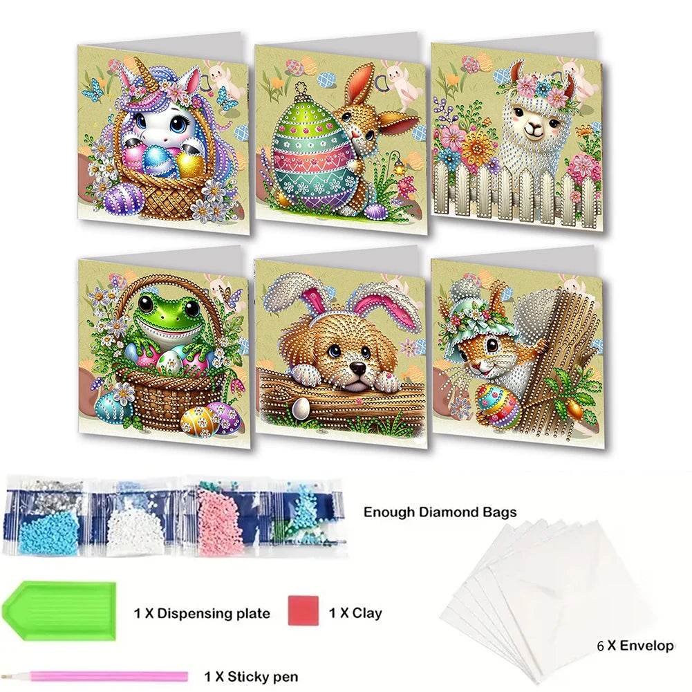 6Pcs Easter Animals Rhinestone Painting Card Kit Diamond Daily Wish Card Diamond Painting Greeting Card for Holiday Party Favors - Estalios