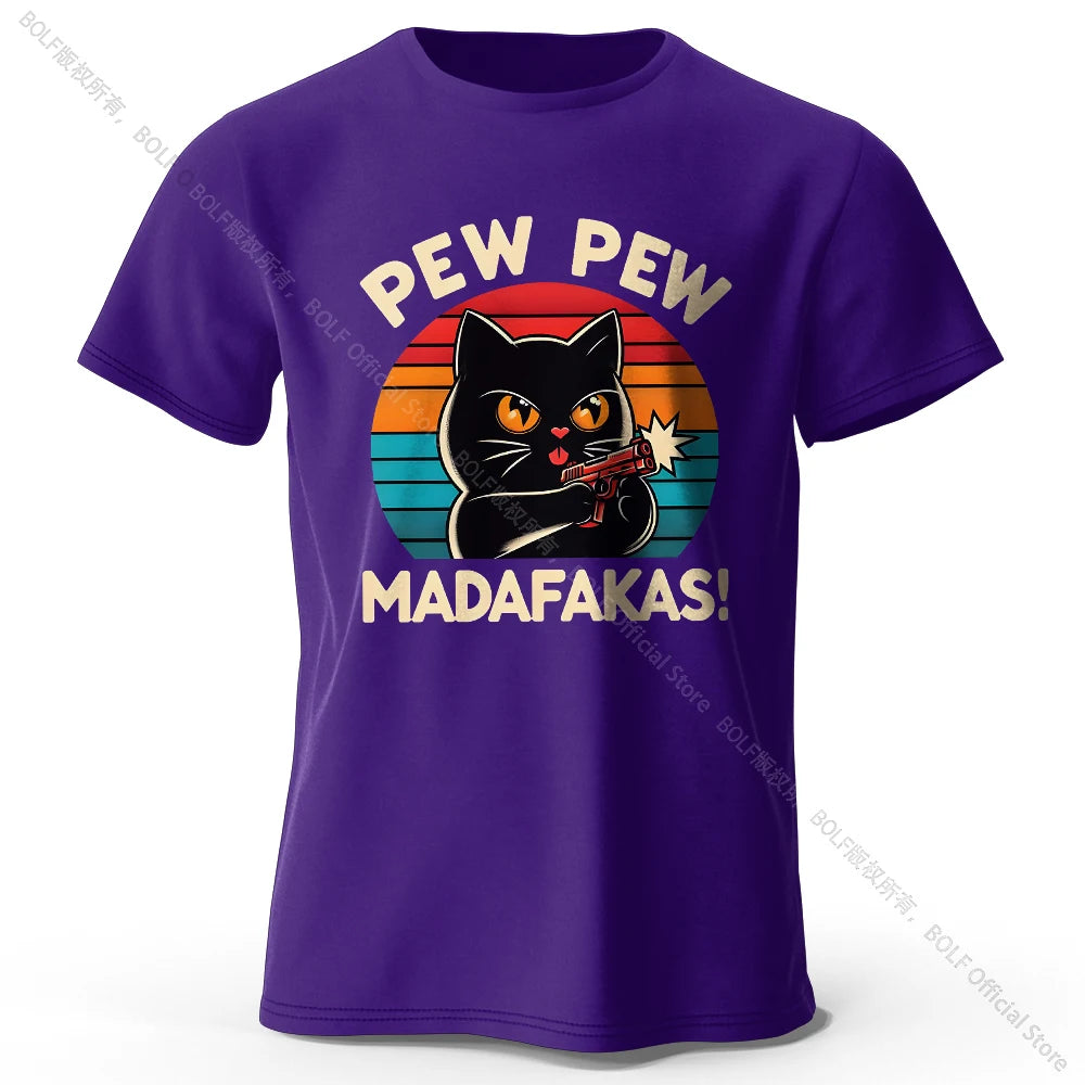 Cute Cat Doodle Print Cotton T-Shirt for All Seasons