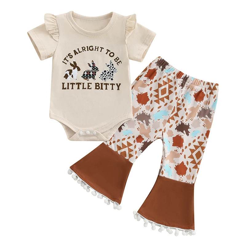 Toddler Easter Outfits Adorable Bunny Print Short Sleeve Romper Floral Pattern Flare Pants 2 Piece Set for Baby Girl - Estalios