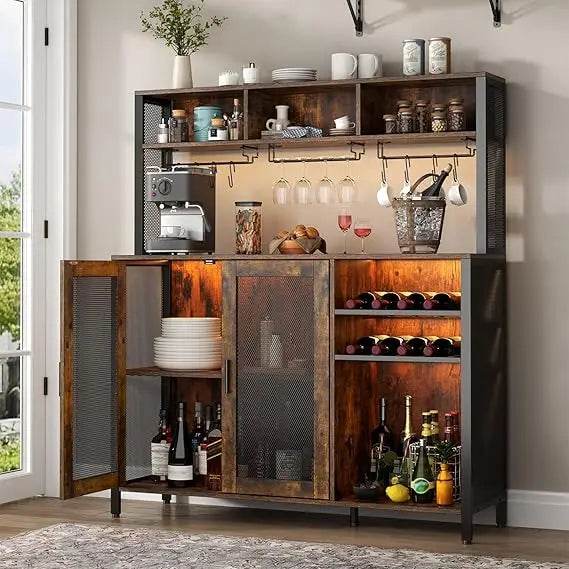 Wine Bar Cabinet with LED Lights and Ample Storage Space - Estalios