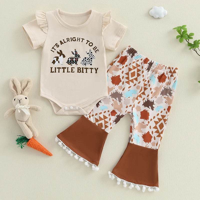 Toddler Easter Outfits Adorable Bunny Print Short Sleeve Romper Floral Pattern Flare Pants 2 Piece Set for Baby Girl - Estalios