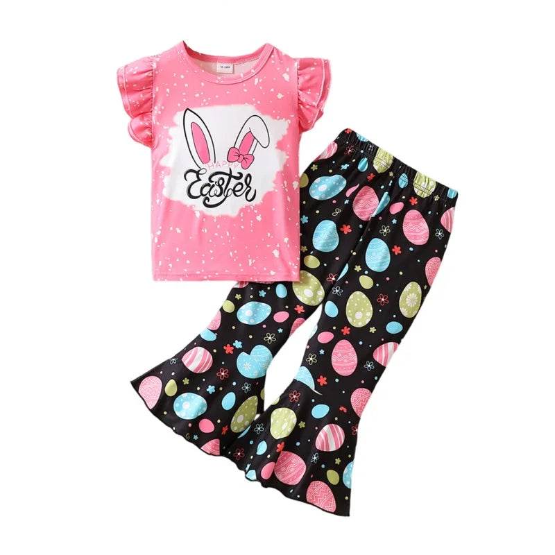 Adorable Baby Girl Easter Outfit Set with Short Sleeve Top and Flare Pants - Cute Toddler Clothing for Spring Festivities - Estalios