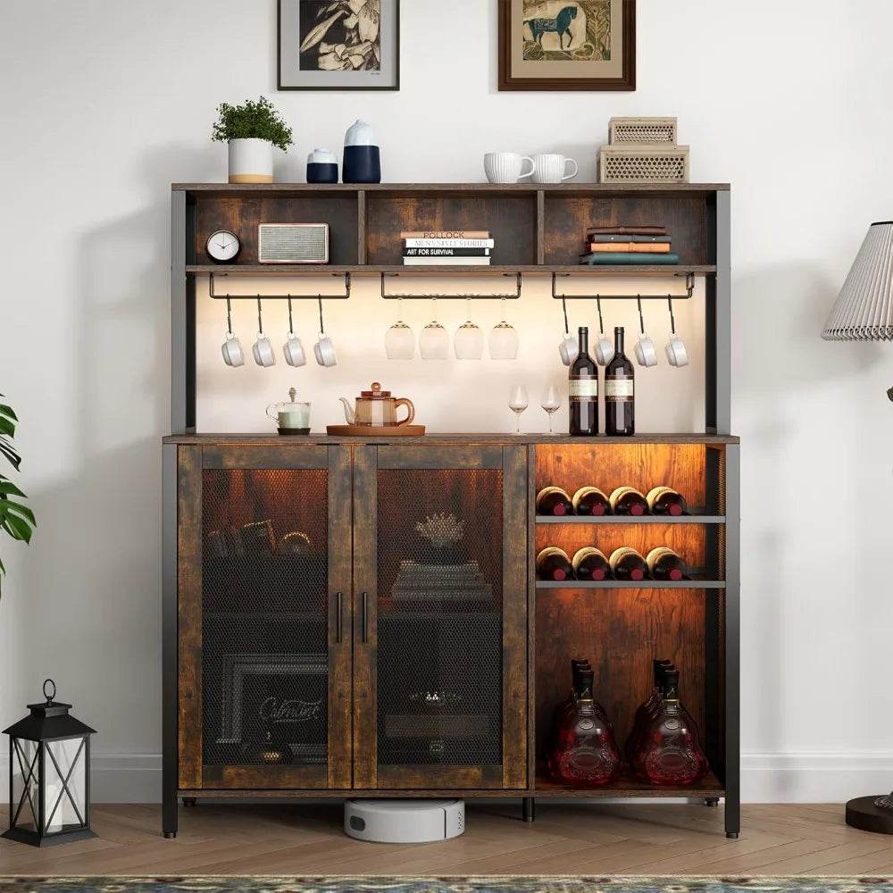 Wine Bar Cabinet with LED Lights and Ample Storage Space - Estalios