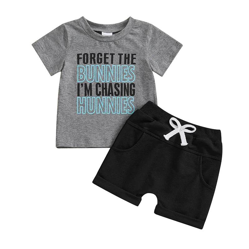 Cute Boys Easter Outfits with Letter Print Round Neck Short Sleeve T-Shirts and Elastic Waist Shorts - 2 Piece Clothing Set for - Estalios