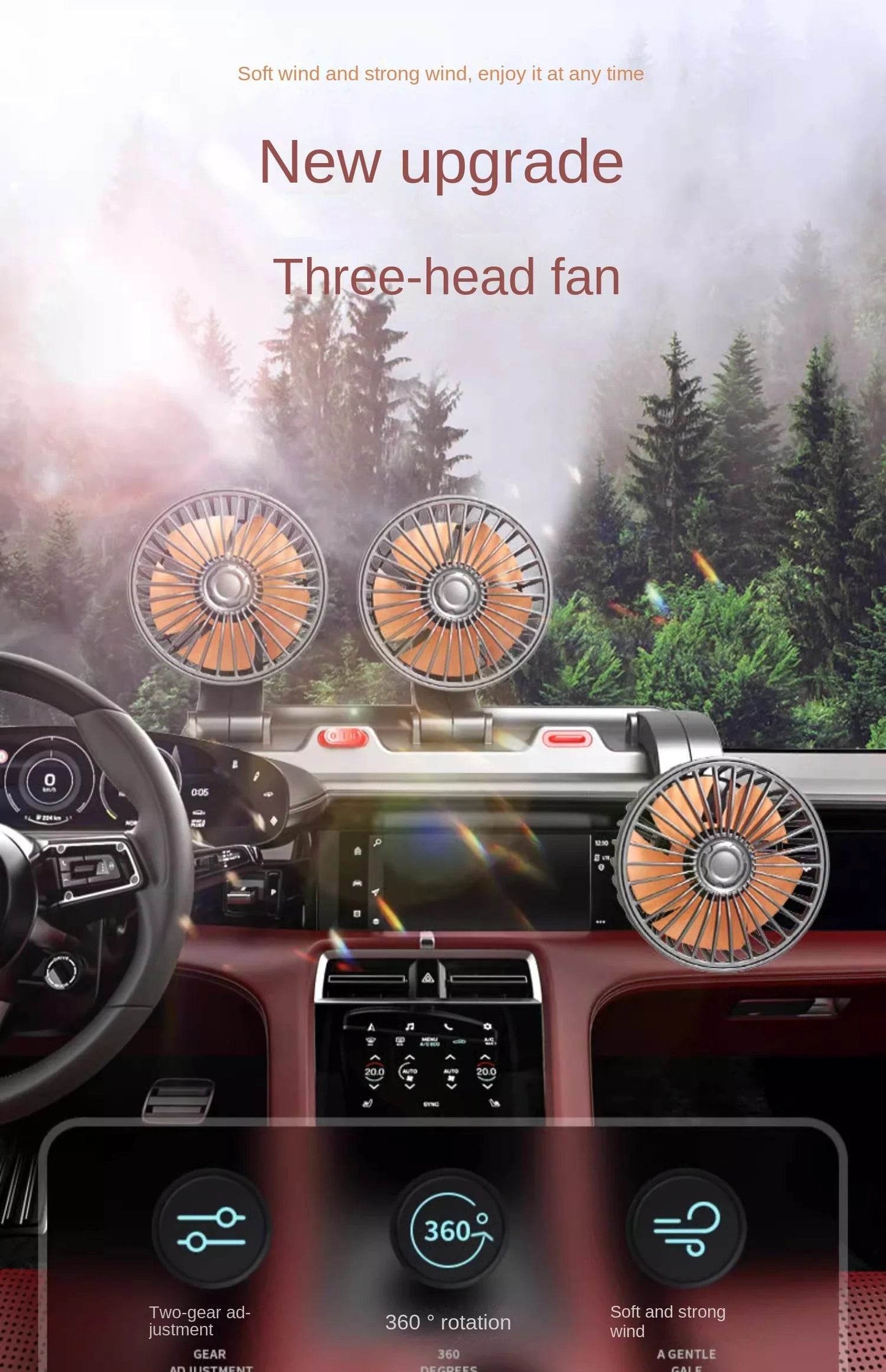 360° Adjustable Car Fan 3 Heads Electric USB 12V/24V - Estalios