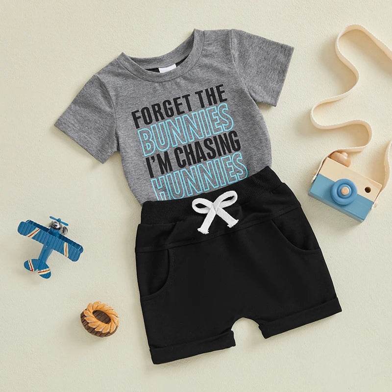 Cute Boys Easter Outfits with Letter Print Round Neck Short Sleeve T-Shirts and Elastic Waist Shorts - 2 Piece Clothing Set for - Estalios