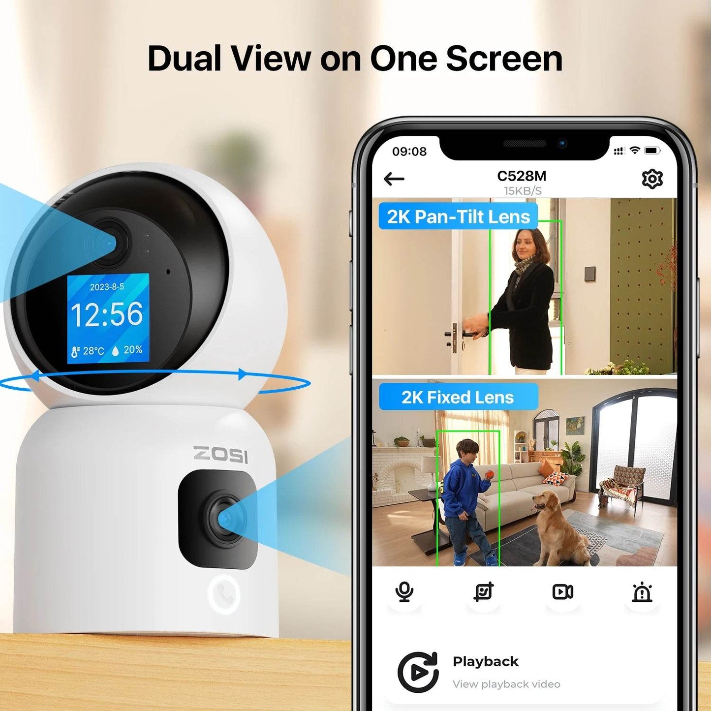 ZOSI Smart Baby Cams WiFi PTZ Auto Tracking AI 360° Panoramic Indoor Video Surveillance - Estalios