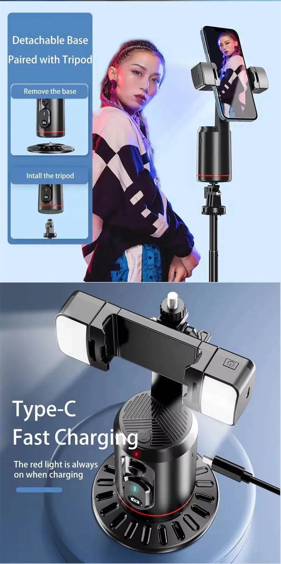 360 Degree Rotation Selfie Stick with Tripod and Light - Estalios
