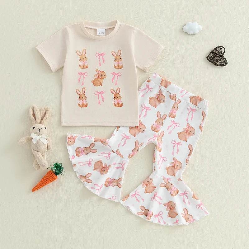 Girls Easter Outfit Short Sleeve O Neck Bow Bunny Print Top and Flared Pants Set with Matching Headband - Estalios