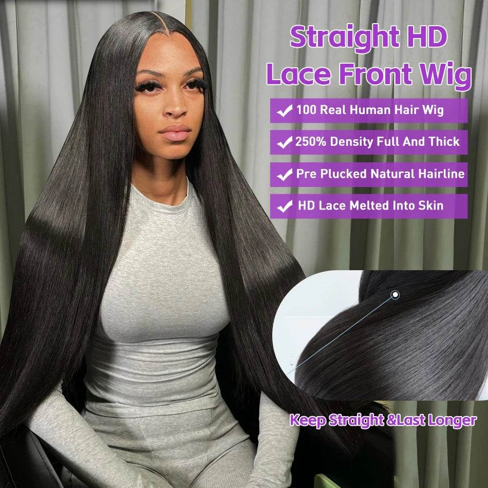 30 40 Inch Bone Straight Lace Front Wig 250 Density Human Hair - Estalios