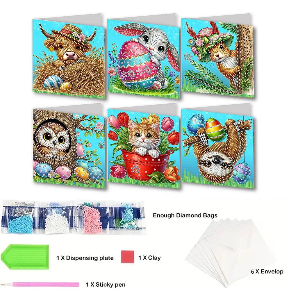 6Pcs Easter Animals Rhinestone Painting Card Kit Diamond Daily Wish Card Diamond Painting Greeting Card for Holiday Party Favors - Estalios