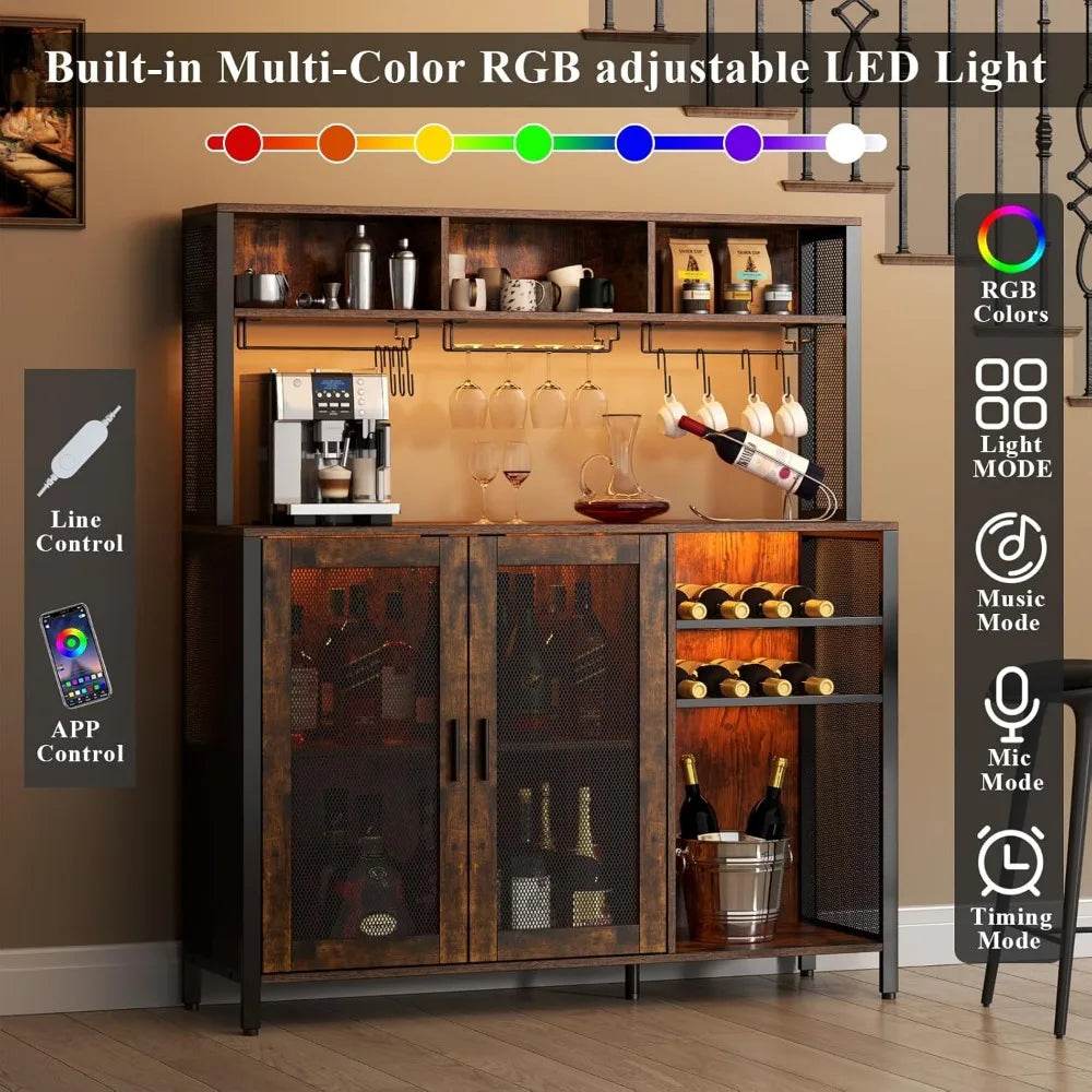 Wine Bar Cabinet with LED Lights and Ample Storage Space - Estalios