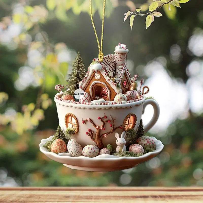 Easter Coffee Cup Ornaments Cartoon Bunny Egg House Coffee Mug Decorative 2D Acrylic Ornaments 2025 Spring Party Supplies - Estalios