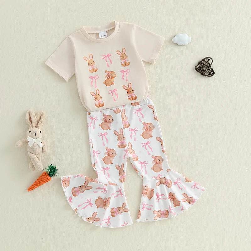 Girls Easter Outfit Short Sleeve O Neck Bow Bunny Print Top and Flared Pants Set with Matching Headband - Estalios