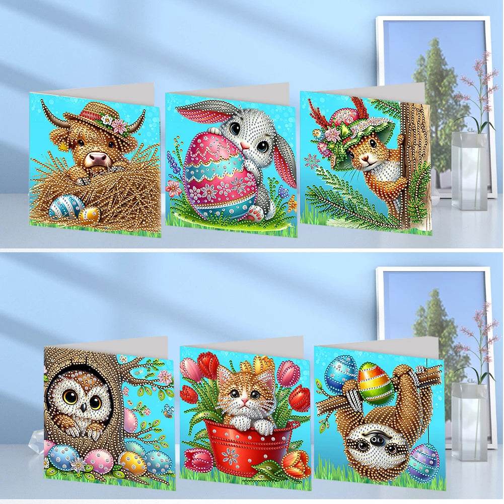 6Pcs Easter Animals Rhinestone Painting Card Kit Diamond Daily Wish Card Diamond Painting Greeting Card for Holiday Party Favors - Estalios
