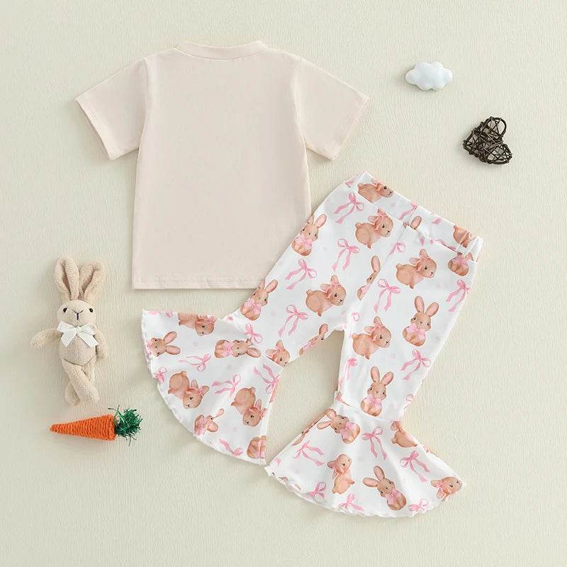 Girls Easter Outfit Short Sleeve O Neck Bow Bunny Print Top and Flared Pants Set with Matching Headband - Estalios
