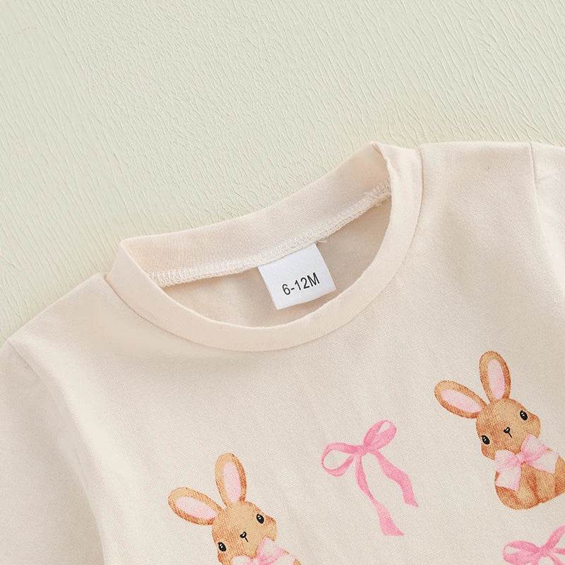 Girls Easter Outfit Short Sleeve O Neck Bow Bunny Print Top and Flared Pants Set with Matching Headband - Estalios