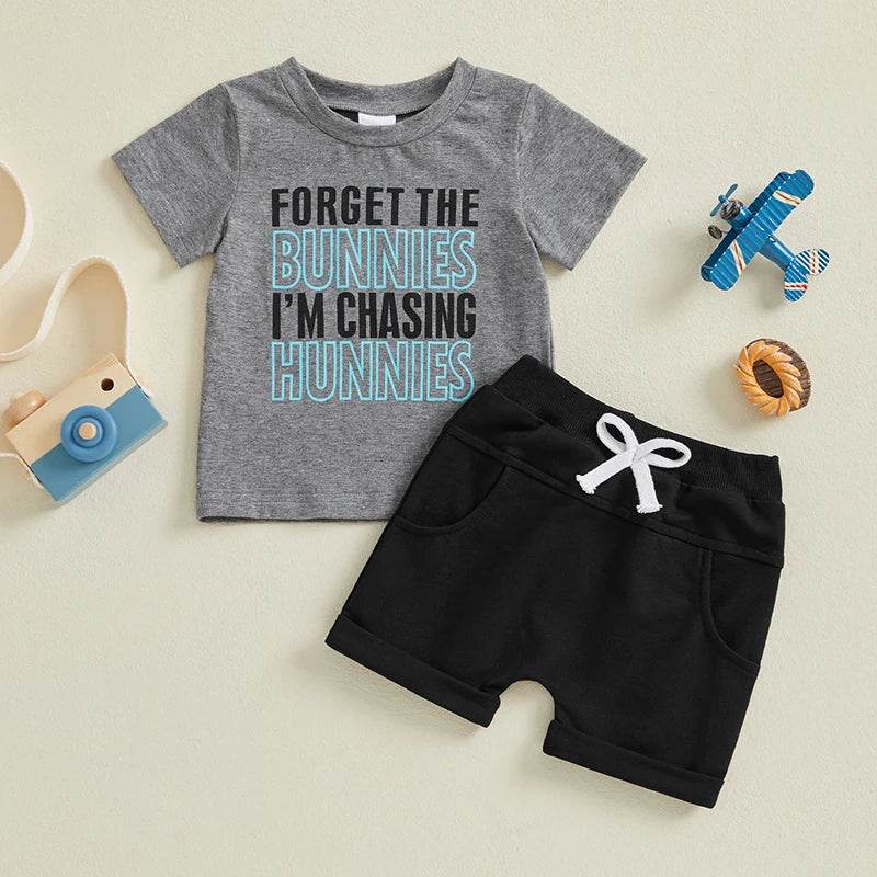 Cute Boys Easter Outfits with Letter Print Round Neck Short Sleeve T-Shirts and Elastic Waist Shorts - 2 Piece Clothing Set for - Estalios