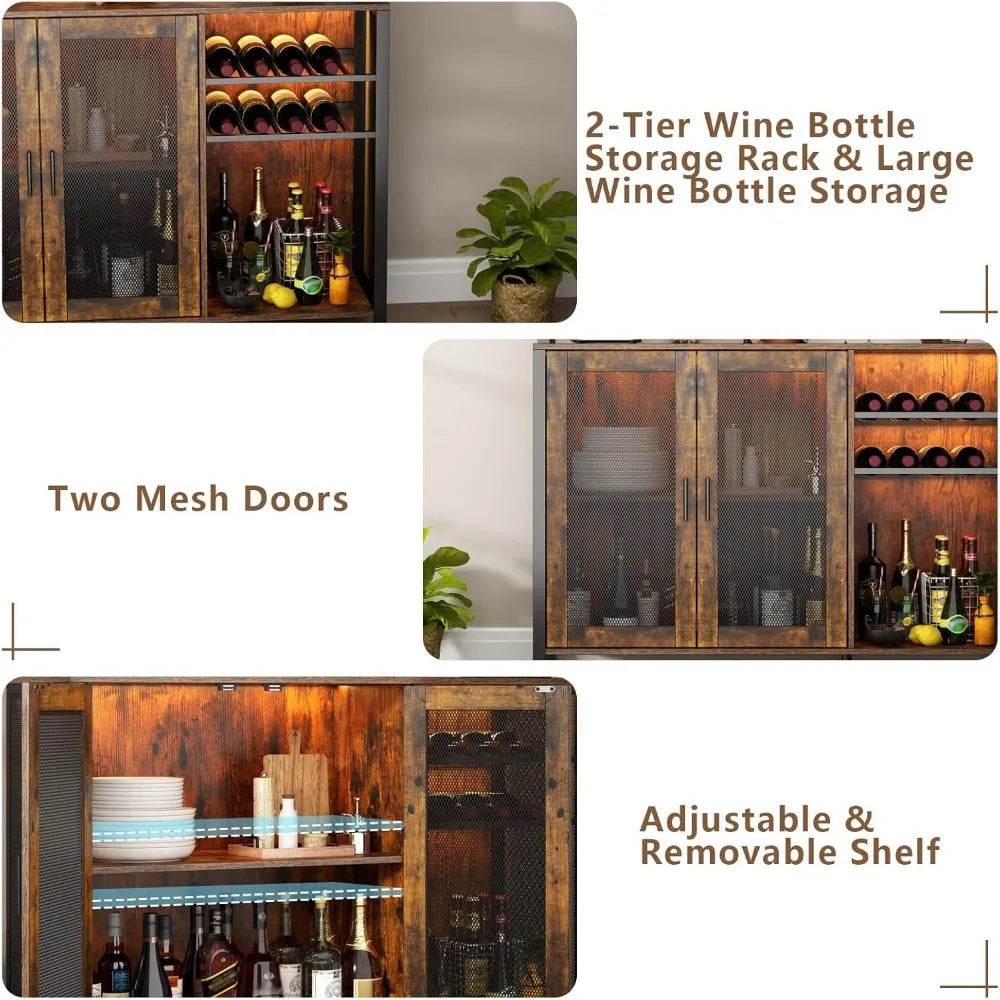 Wine Bar Cabinet with LED Lights and Ample Storage Space - Estalios