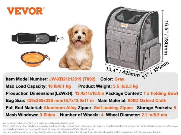 Breathable Pet Carrier Backpack with Wheels for Travel - Estalios