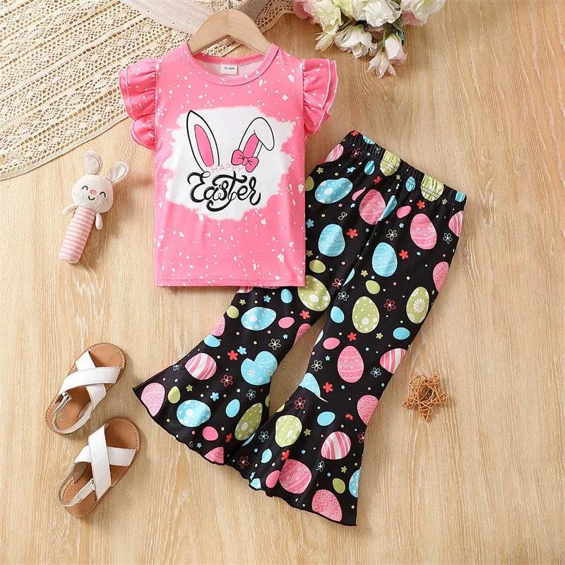 Adorable Baby Girl Easter Outfit Set with Short Sleeve Top and Flare Pants - Cute Toddler Clothing for Spring Festivities - Estalios