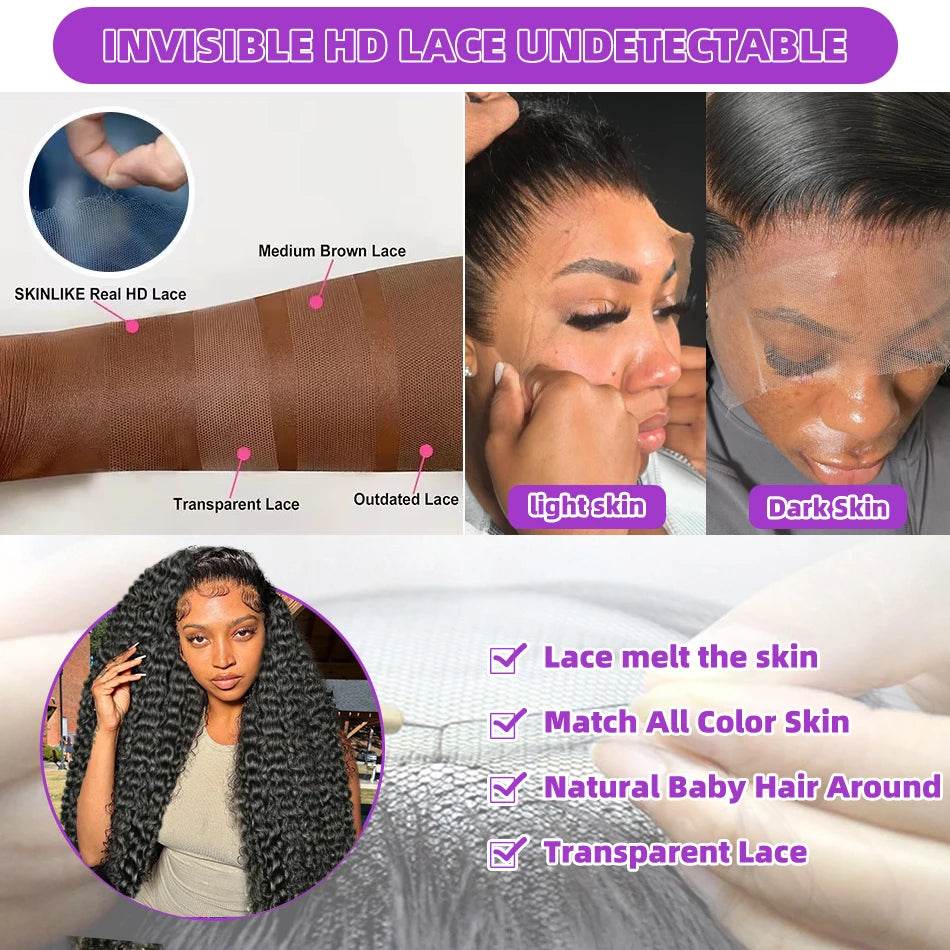 250 Density 13x6 13x7 HD Transparent Lace Frontal Wig 30 40 Inch Deep Wave 6x6 Closure Glueless Wig Human Hair 13x4 Curly Wigs - Estalios