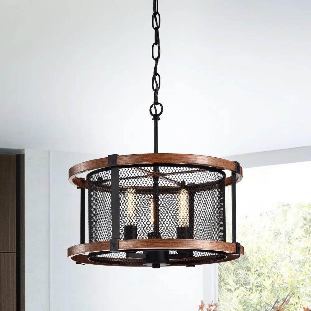 Airi Imitation Wood Grain/Black 3-Light Chandelier for Rustic Elegance.