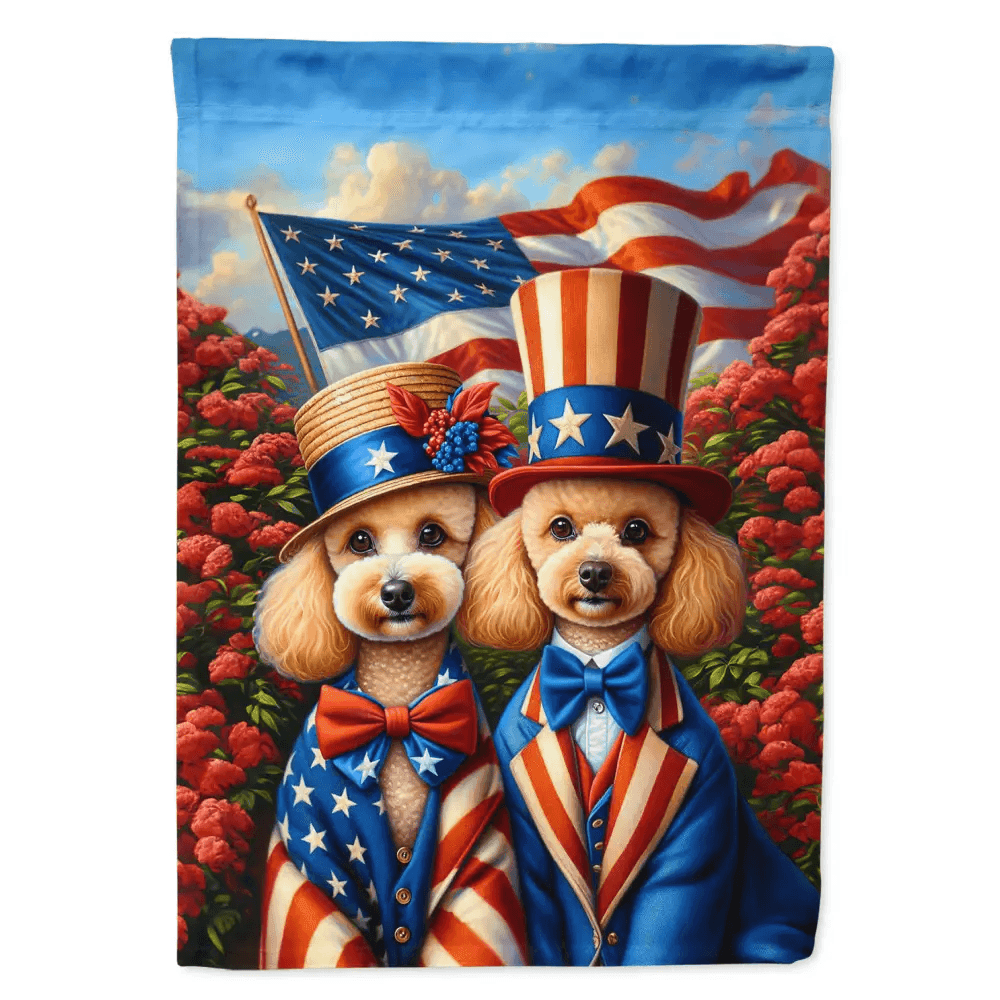 Poodle Power: American Pride House Flag! Show your Patriotic Spirit with our Delightful Patriotic Poodle Flag Garden Decor! this Charming Set Features a Patriotic - Estalios
