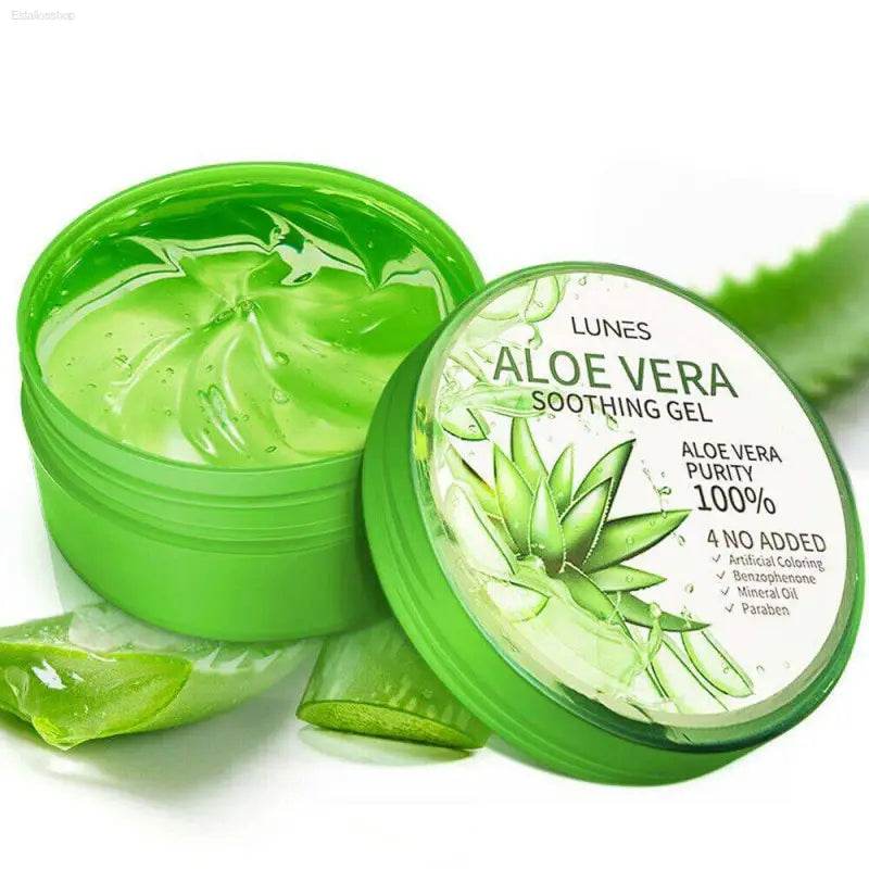 Aloe vera soothing gel in a green container.