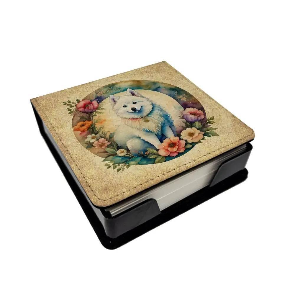 American Eskimo and Flowers PU Leather Note Paper Holder with Artist-Designed Cover, Desk Accessory, Office Gift - Estalios