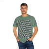 Man wearing patterned t-shirt.