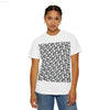 White t-shirt with dog pattern.